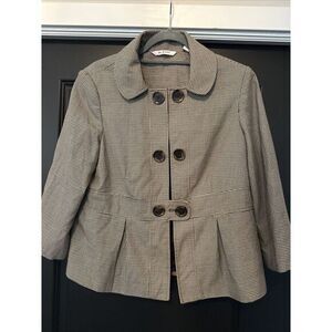 Bill Blass Womens Jacket Gray Houndstooth Hook Eye Lined Pleated 3/4Sleeve Large